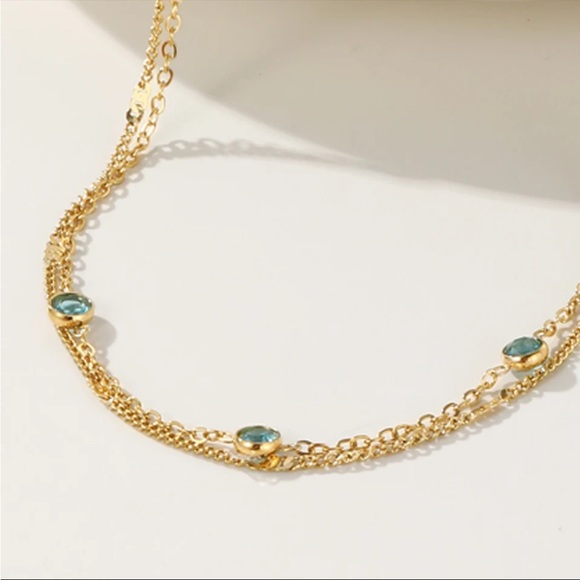 18K Gold Plated Stainless Steel Double Layer Chain Bracelet withCrystal Inlay - Picture 4 of 6